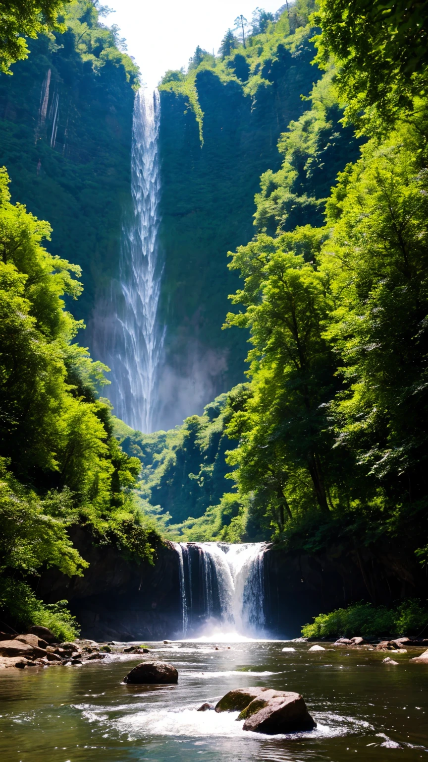 Superb views of the world、Surrounded by greenery、A large waterfall flows down between them、Epic Scale、You can see the mountains in the distance。