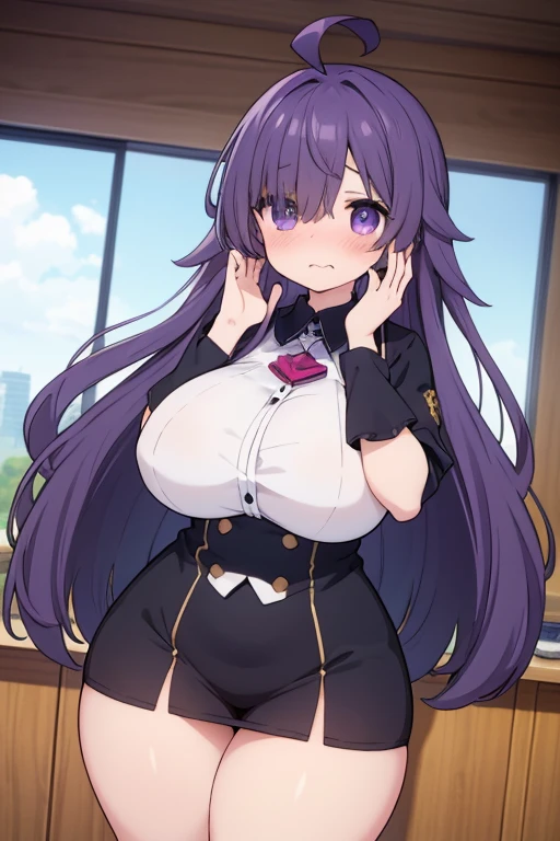 (masterpiece), (highest quality), ((Super detailed))、(super delicate)、Cute naughty Artificer mother、Pastel colors hair、(overwhelmingly huge breasts:1.2, Thighs:1.2, thick legs:1.2, curvy:1.2, towering stature:1.6, massive fat thick unnatural belly, Plump)、Gorgeous、purple eyes, (hair over one eyes:1.3, ahoge, messy hair:1.2, tired hair:1.2, flipped hair, very long hair, bags under eyes:1.3), black hair, (purple hair:1.1), (blush:1.2, emberrased:1.2, quiet personality:1.2, scared:1.2, looking away, wavy mouth, shy), naked, hand over face