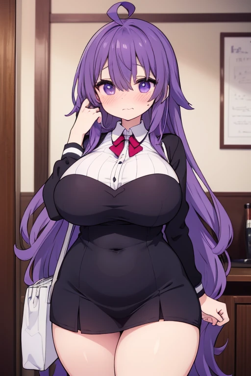 (masterpiece), (highest quality), ((Super detailed))、(super delicate)、Cute naughty Artificer mother、Pastel colors hair、(overwhelmingly huge breasts:1.2, Thighs:1.2, thick legs:1.2, curvy:1.2, towering stature:1.6, massive fat thick unnatural belly, Plump)、Gorgeous、purple eyes, (hair over one eyes:1.3, ahoge, messy hair:1.2, tired hair:1.2, flipped hair, very long hair, bags under eyes:1.3), black hair, (purple hair:1.1), (blush:1.2, emberrased:1.2, quiet personality:1.2, scared:1.2, looking away, wavy mouth, shy), naked, hand over face