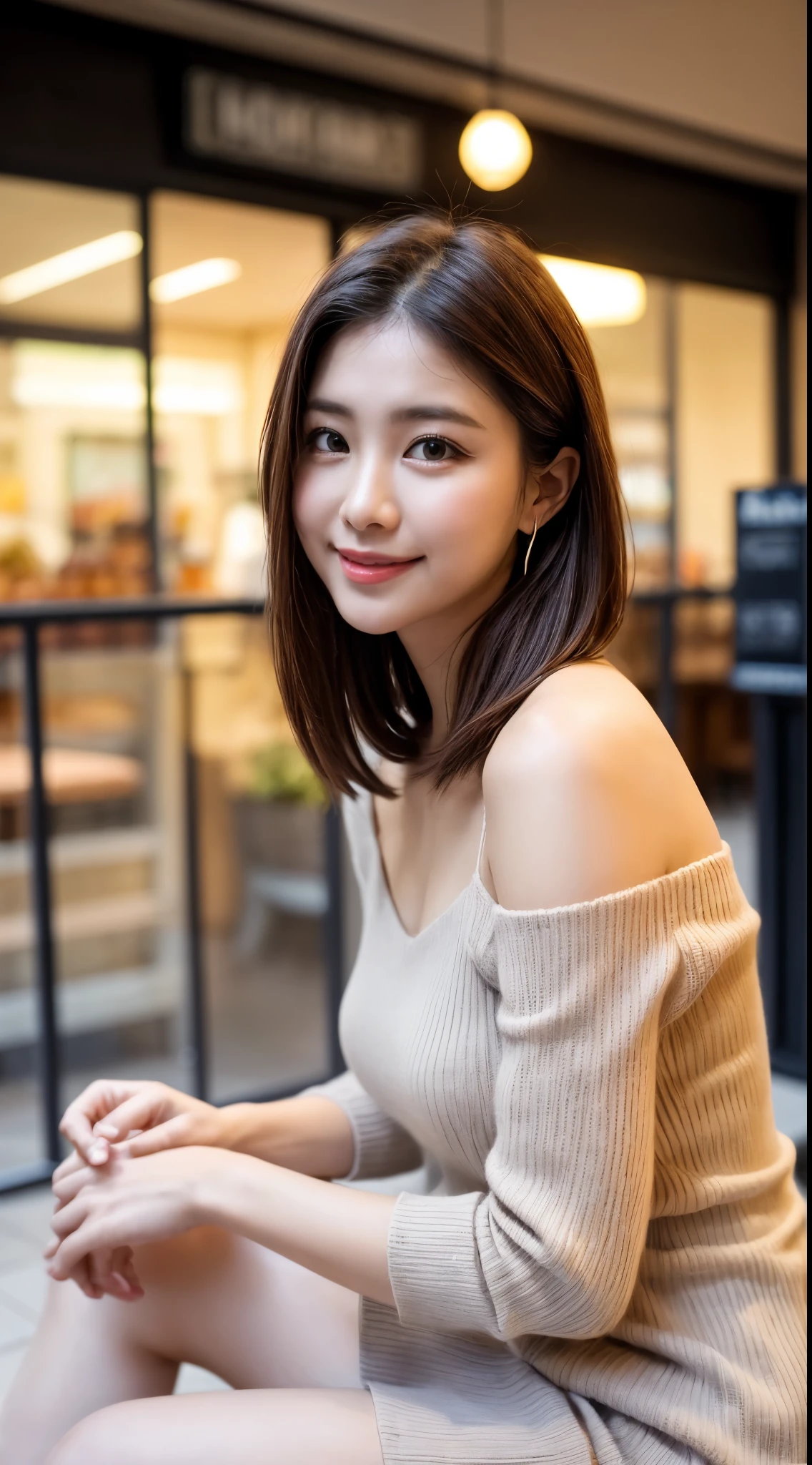 (((masterpiece))), (((Highest quality: 1.4))), ((Very detailed: 1.4)) , ulzzang-6500-v1.1, (RAW Photos:1.2), (Photorealistic), (Genuine:1.4), Sharp focus、Shot from the side、Off the shoulder、Realistic female college student wearing a cashmere knit dress、Ultra-realistic pantyhose:1.3、short hair、Teasing Smile、Bare thighs!!! pumps