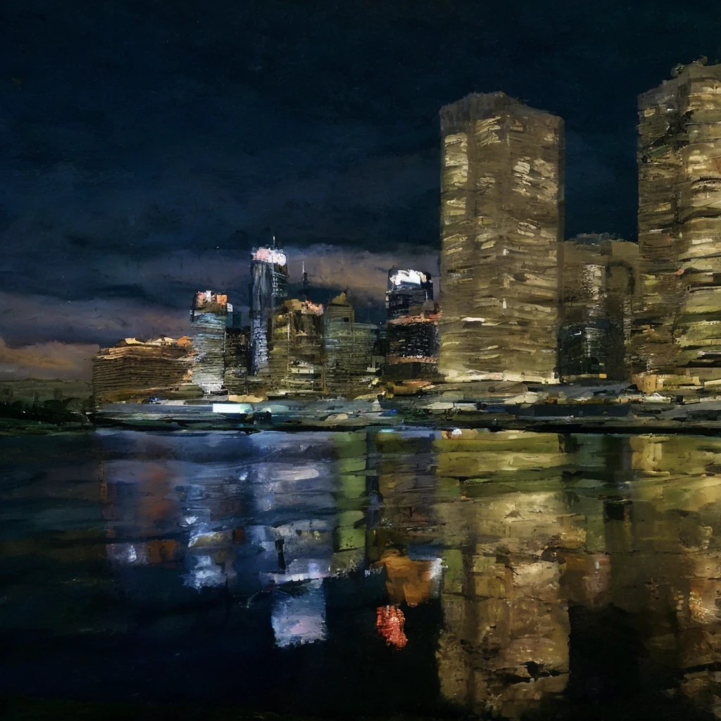 masterpiece, ultra detailed, beautiful, distinct, best aesthetic, super fine illustration, nighttime cityscape, skyscrapers with illuminated windows, waterfront reflection, serene water surface, clear sky with no clouds, urban skyline silhouette against dark sky, #drawing style, Mixed Media, #painting method Impasto, Pointier painting method, pointillism technique, repoussoir low depth of subject matter, Sfumato Blur Technique, Detailing oil pastel art, Impressionism, Van Gogh style, Detailing digital painting.