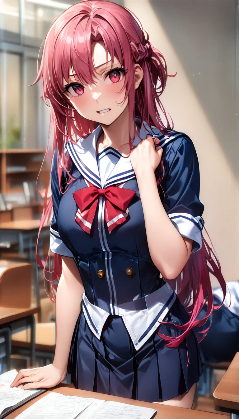 masterpiece,, alone, Yuuki Asuna, ((masterpiece)), High Resolution、((A man rubs her breasts from behind))、(Molestation in the classroom)、Sailor suit、mini skirt、Five men、Sleep on the desk、