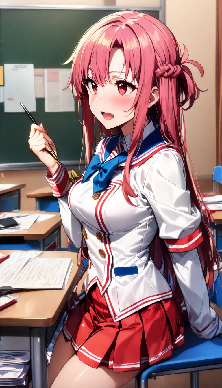 masterpiece,, alone, Yuuki Asuna, ((masterpiece)), High Resolution、((A man rubs her breasts from behind))、(Molestation in the classroom)、Sailor suit、mini skirt、Five men、Sleep on the desk、