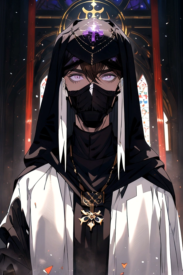 A tall, muscular man, 2.02 meters tall, 26 years old, pale skin, medium brown hair that is parted in the middle falling above the ear, violet eyes (black mask, black Doberman mask, muzzle, priest's outfit) In a medieval church, magic, mask covering the head,