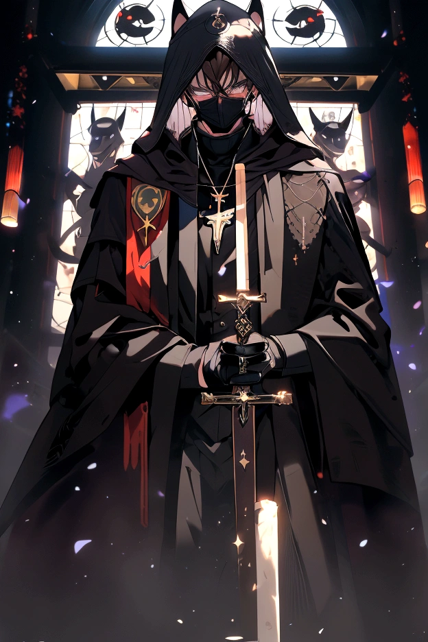 A tall, muscular man, 2.02 meters tall, 26 years old, pale skin, medium brown hair that is parted in the middle falling above the ear, violet eyes (black mask, black Doberman mask, muzzle, priest's outfit) In a medieval church, magic, mask covering the head,