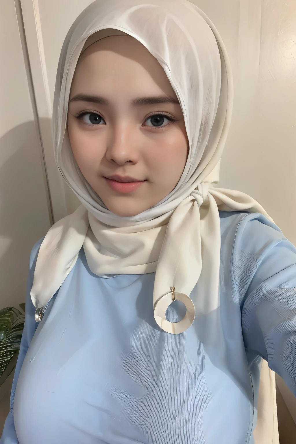 adorable, 1 girl, (face to face), ************, *********, happy, half body portrait, (face details: 1), (eye details: 1), ((big breasts)). wearing light blue long shirt, hijab, .. Cute posed. proportional body. Ultra High Res. realistic: 1.4, UHD