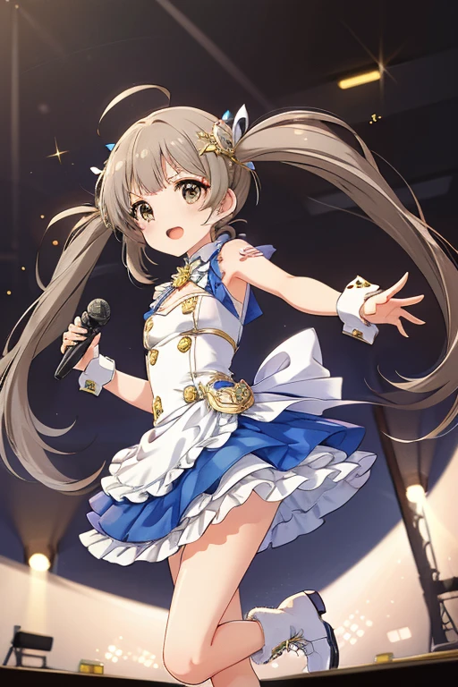 masterpiece, best quality, 4k, caustics, high details, sparkle, front view, solo live, 1girl, ****ta, long twin tails, 1ahoge, flaxen color hair, straight bangs, (gold color eyes), droopy eyes, sparkling eyes, flat chest, small breasts, slender, serious expression, open mouth, enthusiastic singing, extreamely detailed background, live stage, neon light, many audience, idol dress, light blue costume, mini skirt, boots, hold the microphone in your hand, sing a song, singing, illuminated by a spotlight, Backlit