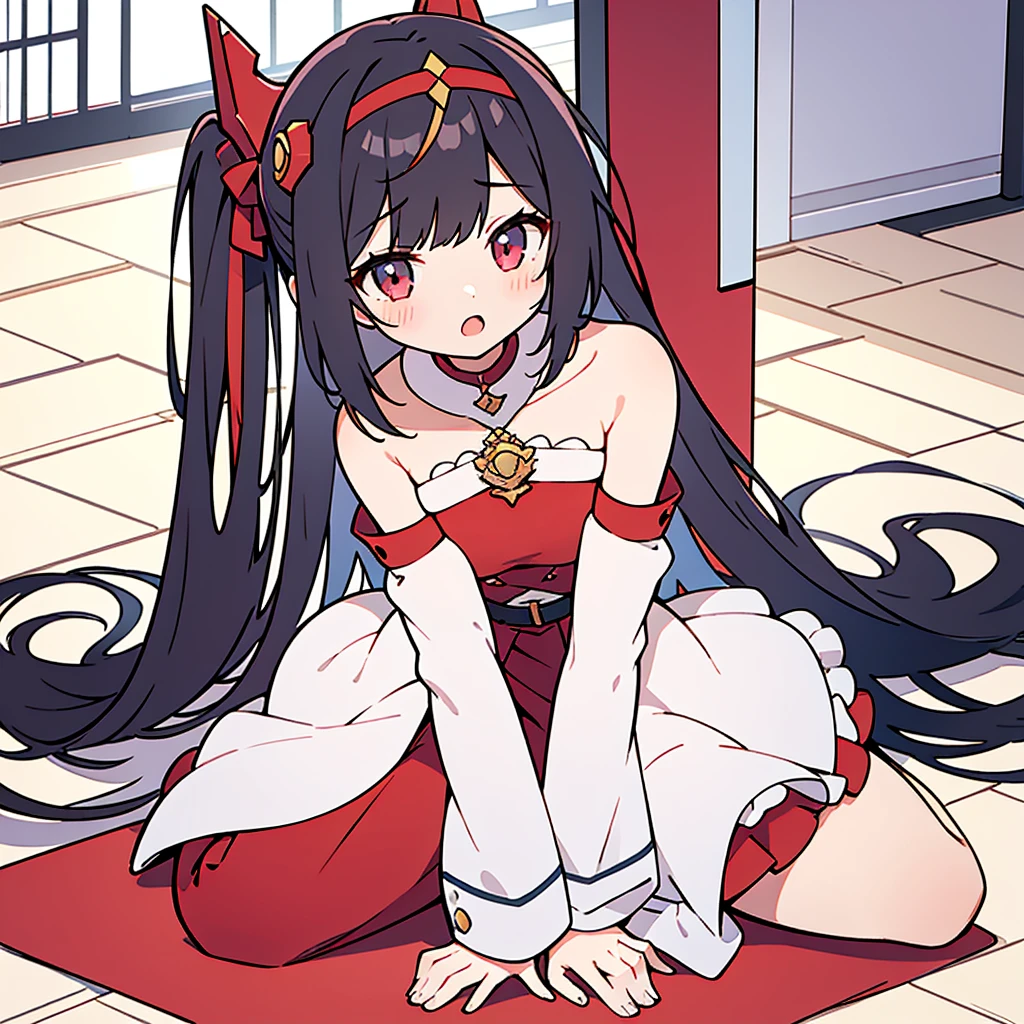 outfit-TMP, 1girl,  solo, long hair, tail,  blush, looking at viewer, open mouth, bangs,red sleeves,headgear,
closed_mouth from, outfit-TMP, bare shoulders, streaked_hair, masterpiece, best_quality, clear details,1girl, (wariza on_floor), sex, vagina, tits out