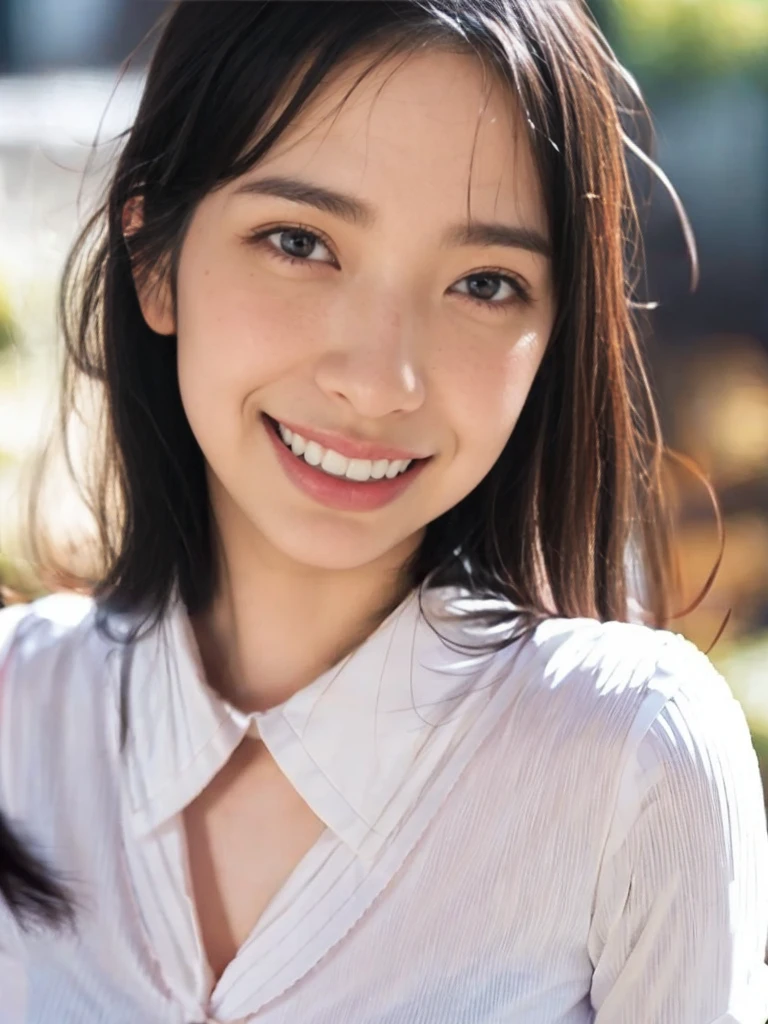 raw photo, 1girl, cute face, beautiful face, medium breast, collared blouse, White blouse, light smile, Upper body, detailed skin, pore, simple background, photorealistic, anatomically correct, masterpiece, best quality, UHD