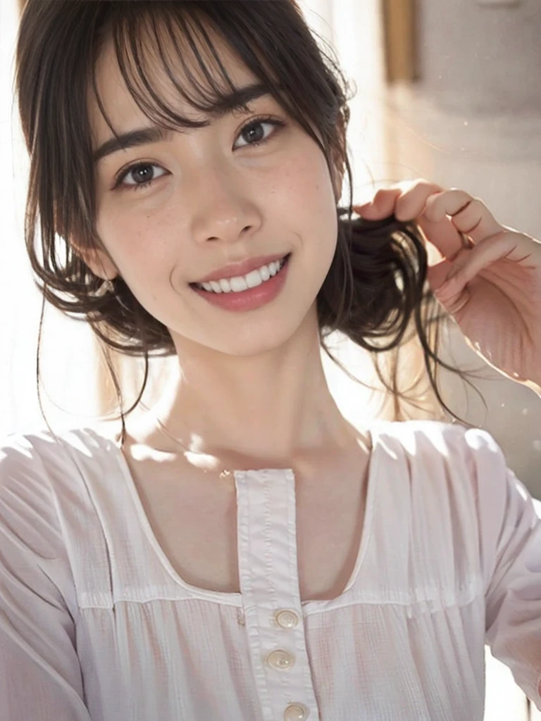 raw photo, 1girl, cute face, beautiful face, medium breast, collared blouse, White blouse, light smile, Upper body, detailed skin, pore, simple background, photorealistic, anatomically correct, masterpiece, best quality, UHD
