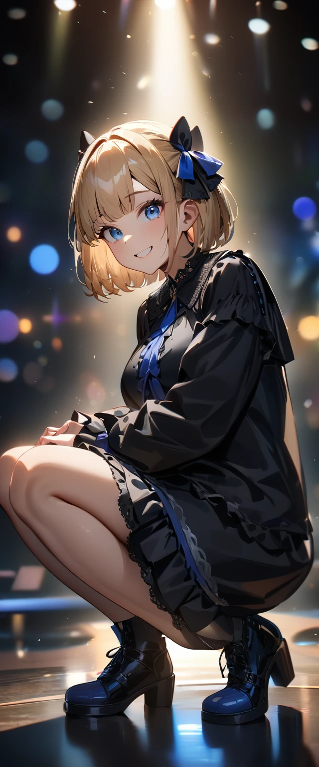 (((One girl))), Shibuya, streat, blond hair, bob cut, (looking at viewer), (((full body))), squatting, breasts, teenager, head tilt:1.3, (((blue eye))), constricted pupils, (from side:1.3), ((happy smile)), (((gothic lolita:1.3))), short dress, bare legs, hair ornament, hair ribbon, anime style, (best quality, 4k, 8k, highres, masterpiece:1.2, ultra-detailed, ultra-detailed eyes, HDR, UHD, studio lighting, ultra-fine painting, sharp focus, physically-based rendering, extreme detail description, professional, vivid colors, bokeh)