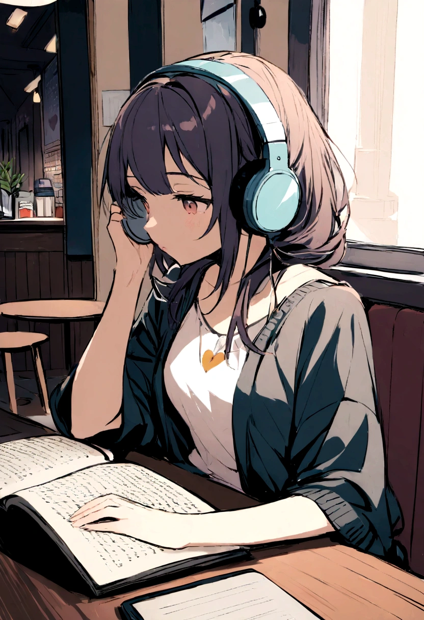 Girl with headphones enjoying music in a cafe　I am studying　Emphasize a little bit of the chest
