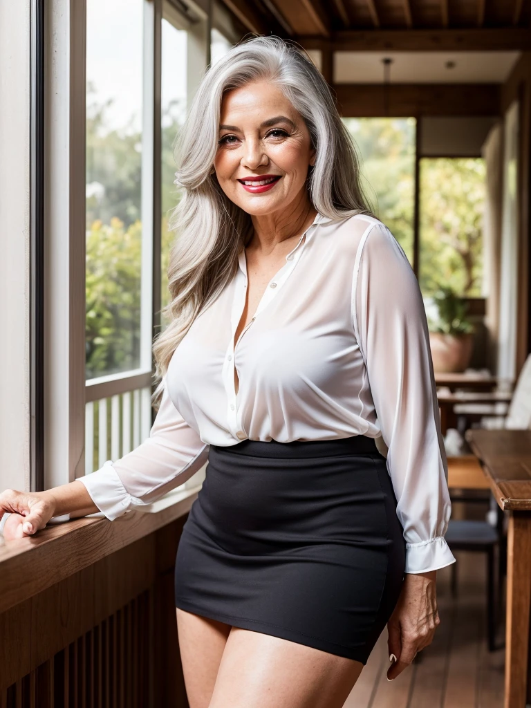 Mature old woman 80 years with hair, plus size, old face and body with many wrinkles, smiling, loose skin, standing at her sunny house, She wearing tight white shirt with deep neckline, wearing sexy black mini skirt, she wearing sexy office costume, posing sitting on a chair, old face and body with wrinkles, legs are visiable, old face, bright makeup, red lips, attractive grandma, a gorgeous old long straight hair, beautiful old grandma, lovely older mature grandma, gorgeous beautiful grandma over 80 years old, beautiful silver straight hair grandma, a beautiful old granny