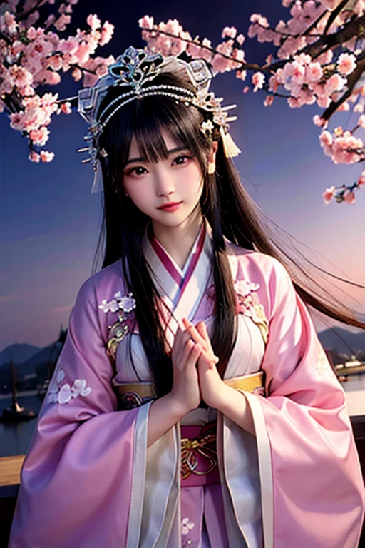 goddess 12unlined kimono The color is lustrous upright Joining hands in prayer looking at the camera Background is cherry blossoms Front view tiara Upper Body big