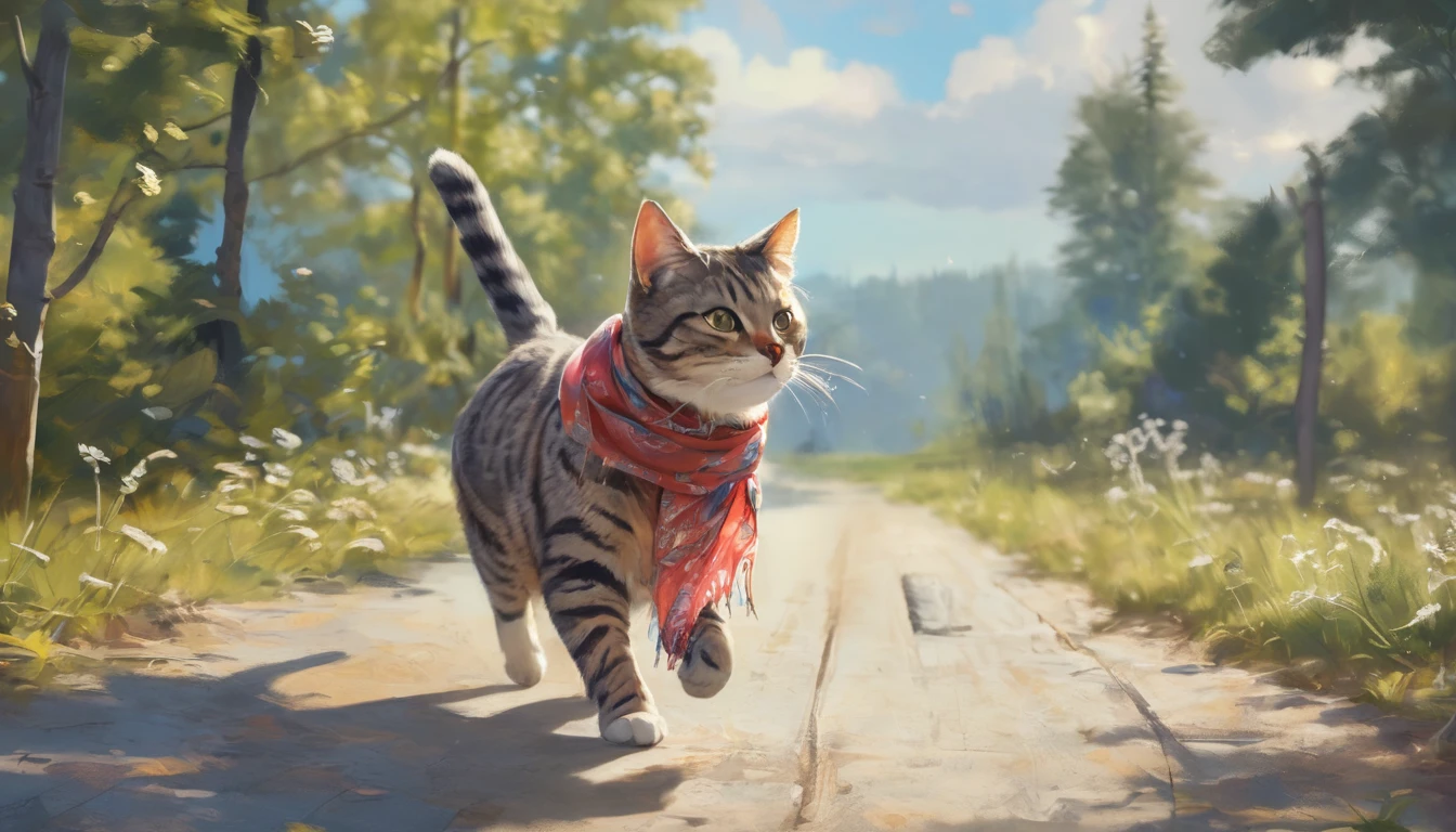 By Alaina Remar、A painting of a cat wearing a small silk scarf. The cat is walking and looks happy. It's a summer morning and the weather is sunny. It looks like they are going on an adventure.. Cat-focused movies, Dynamic pose, Dynamic Background, Dynamic configuration, Dynamic Lighting, Realistic proportions, High resolution, Ray Tracing, Very detailed, Super detailed, Intricate details, Very detailed雰囲気, Very detailedテクスチャ.