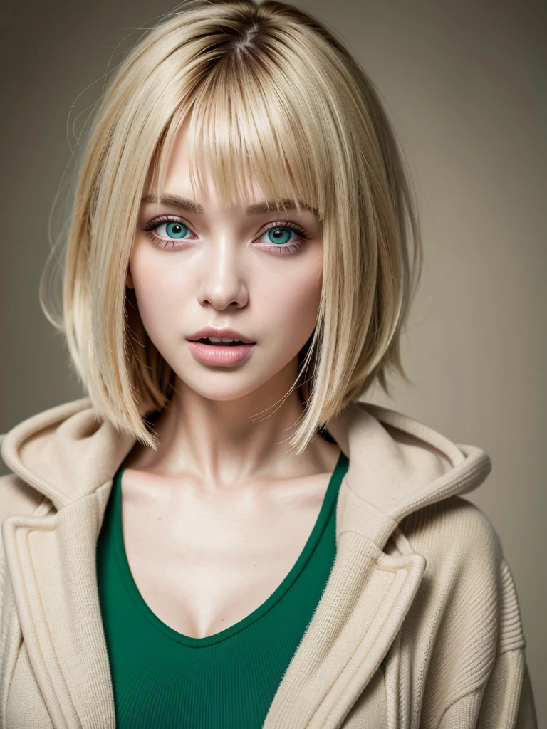 highest quality, Highest quality, masterpiece, Ultra-high resolution, Raw photo, A photo-realistic, 26-year-old woman, (open mouth:1.0), blond hair, pixie hair, (light hoody:0.8), green eyes, (cleavage:0.5),