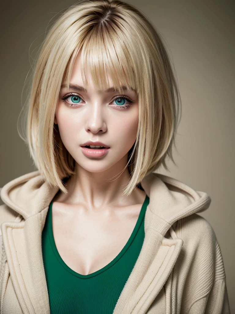 highest quality, Highest quality, masterpiece, Ultra-high resolution, Raw photo, A photo-realistic, 26-year-old woman, (open mouth:1.0), blond hair, pixie hair, (light hoody:0.8), green eyes, (cleavage:0.5),