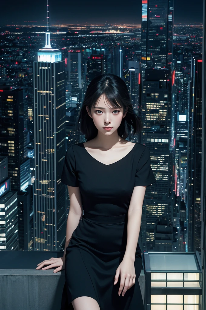 Girl in black top sitting on the edge of a skyscraper, Studio Ghibli, Cityscape, Detailed illustrations, Official Art, In kawacy style, Graceful Movement, nocturne, Composed, HD wallpaper