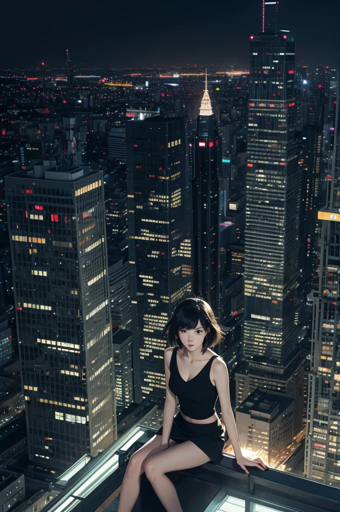 Girl in black top sitting on the edge of a skyscraper, Studio Ghibli, Cityscape, Detailed illustrations, Official Art, In kawacy style, Graceful Movement, nocturne, Composed, HD wallpaper