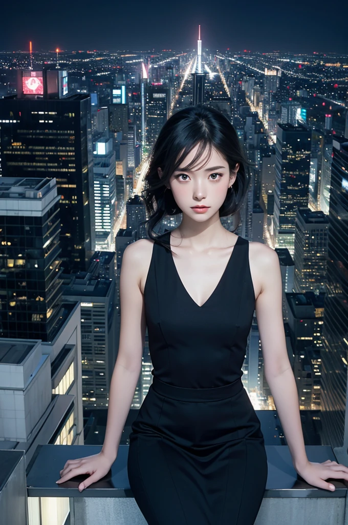 Girl in black top sitting on the edge of a skyscraper, Studio Ghibli, Cityscape, Detailed illustrations, Official Art, In kawacy style, Graceful Movement, nocturne, Composed, HD wallpaper