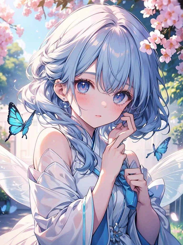 Create a shiny and captivating close-up artwork of a girl named Shimizu wearing a pure white gauze skirt. Incorporate a blue butterfly in the scene, highlighting the girl's natural beauty, with a focus on her upper body for the close-up shot, delicate strands of hair framing her face, her eyes wide with wonder as the butterfly lands on her hand, a garden background with soft-focus flowers, serene and peaceful atmosphere, Photography, captured with a 50mm lens at f/1.8 for a dreamy bokeh effect, --ar 9:16 --v 5