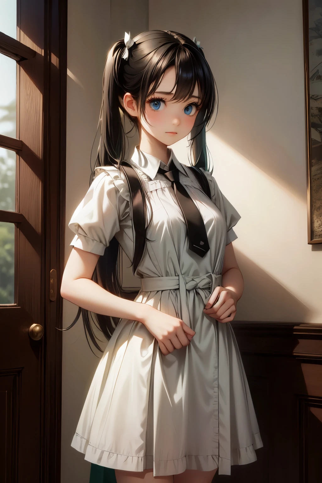 Innocence, Dark green hair, Twin tails, Put your arms behind your back, White Dress, Black waist tie, girl,blue eyes,