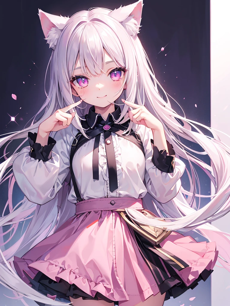 Highly detailed face,fine grain,Sparkling eyes,Highlighted eyes,Medium chest,pretty girl, smile,Longing eyes,Cat ear, Beautiful silver hair,Pink inside,Beautiful pink eyes, finger to mouth,Oversized shirt,skirt