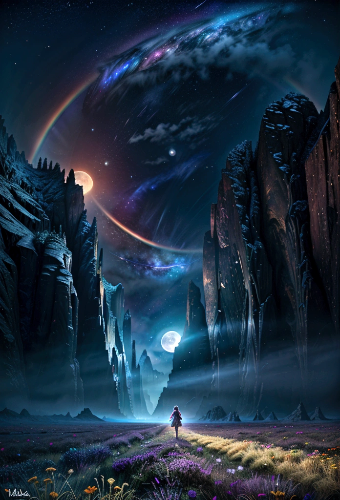 Vast landscape photography , (A view from below, with the sky above and the wide fields below), A girl standing in a flower field looking up, (full moon:1.2), ( shooting star:0.9), (nebula:1.3), Distant Mountain, Treebreak Production Art, (Warm light source:1.2), (fire Fly:1.2), lamp, Lots of purple and orange, Intricate details, Volumetric Lighting Break (masterpiece:1.2), (Highest quality), 4K, Super detailed, (Dynamic configuration:1.4), Very detailed, Colorful details,( Rainbow colors:1.2), (Shining Lights, Atmospheric lighting), dream-like, Magic, (alone:1.2)