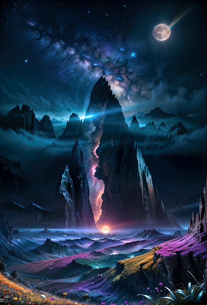 Vast landscape photography , (A view from below, with the sky above and the wide fields below), A girl standing in a flower field looking up, (full moon:1.2), ( shooting star:0.9), (nebula:1.3), Distant Mountain, Treebreak Production Art, (Warm light source:1.2), (fire Fly:1.2), lamp, Lots of purple and orange, Intricate details, Volumetric Lighting Break (masterpiece:1.2), (Highest quality), 4K, Super detailed, (Dynamic configuration:1.4), Very detailed, Colorful details,( Rainbow colors:1.2), (Shining Lights, Atmospheric lighting), dream-like, Magic, (alone:1.2)