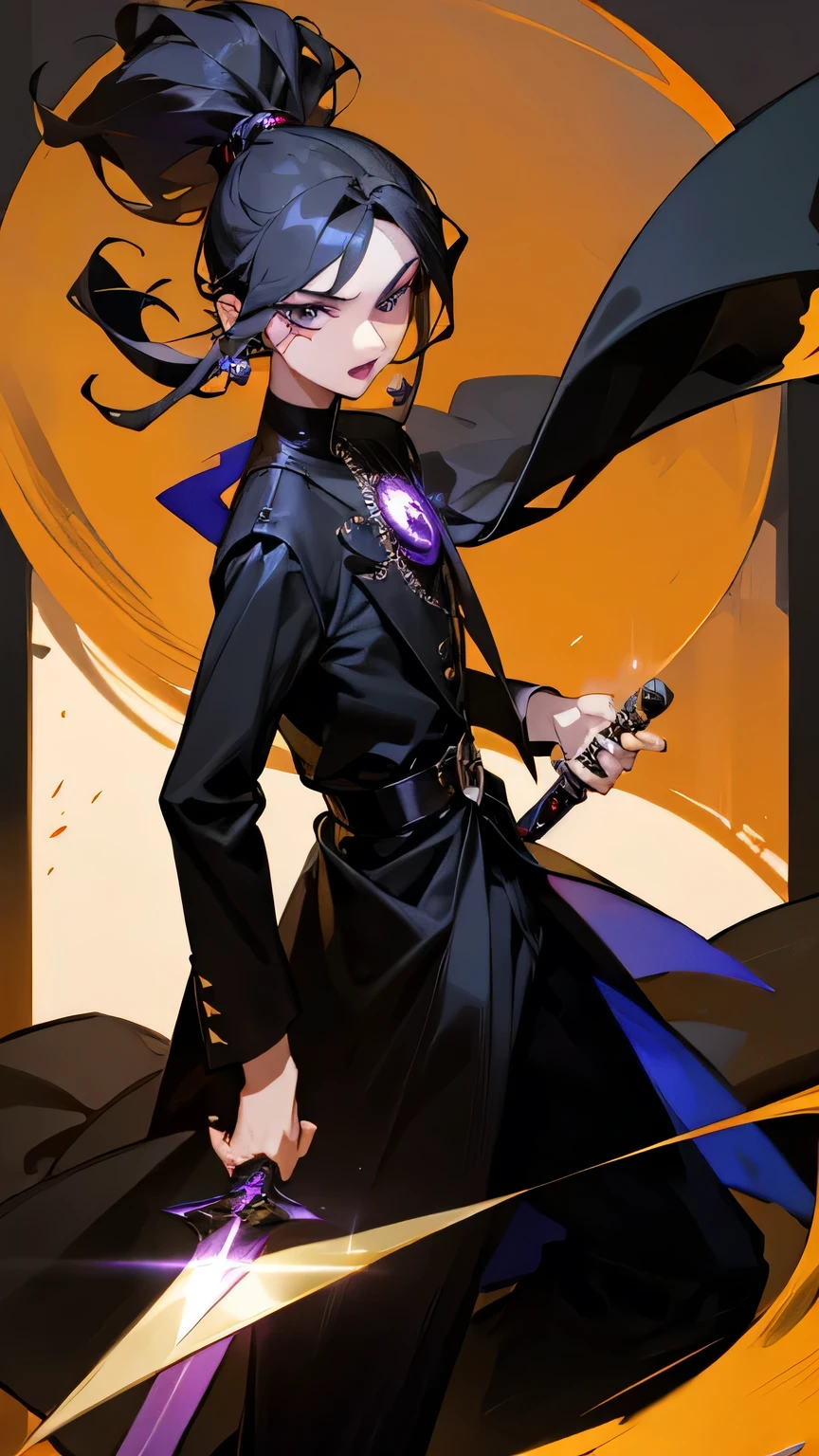 Psylock as a man , open mouth , Black hair , Black pearl earings , Cool hairstyle , Idle Pose , Masterpiece , Black coat outfit , holds a black sword in her hand , no background