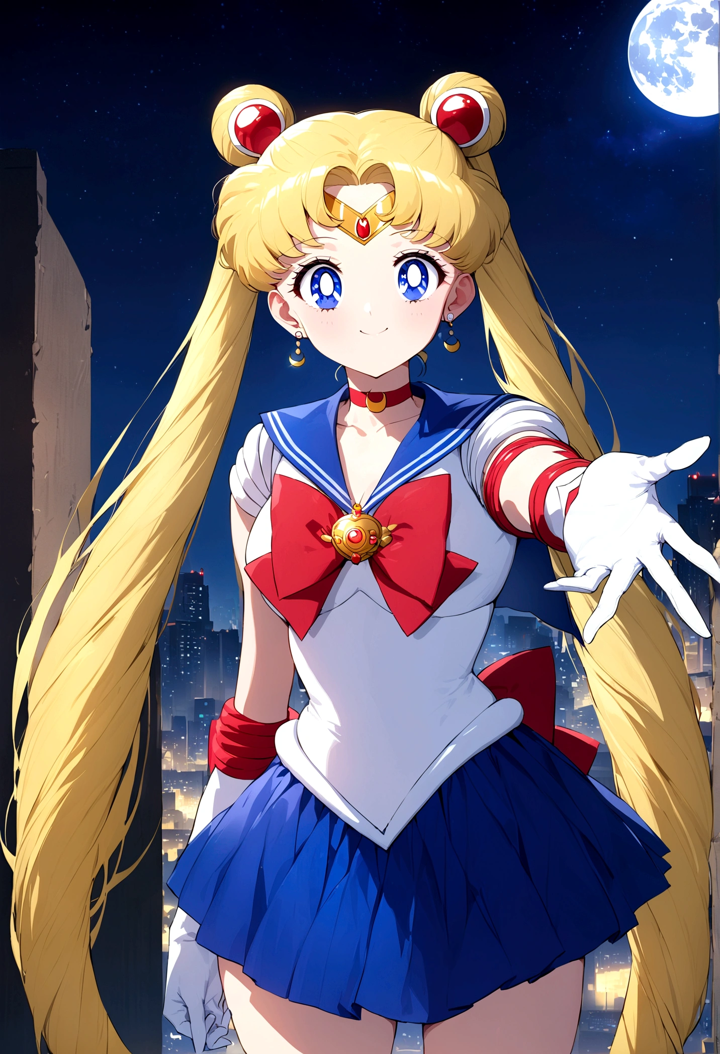 (masterpiece, Highest quality, so beautiful, Super detailed), Intricate details, 4K, Honestly, Long Hair, Double Bang, Twin tails, Parted bangs, tiara, Earrings, blue eyes, Red choker, Blue sailor collar, Red Bow, White shirt, Elbow hand pockets, White gloves, Blue Skirt, Are standing, Cowboy Shot, city, Outdoor, night, moon, milky way, Reaching out, smile