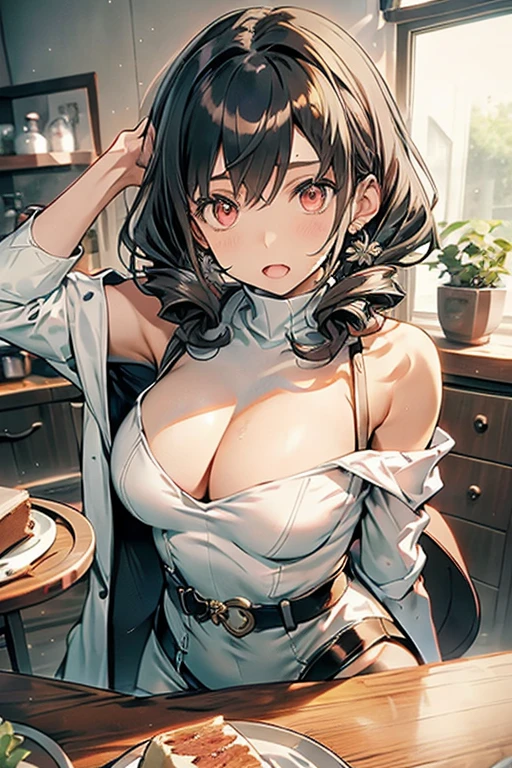 masterpiece, yor, 1girl, Amazing Cleavage:1.3, thin waist, big ass, Raised sexy, medium breast: 1.8 posed cleavage:1.2、solo, looking at viewer, open mouth, have a cup of coffee,black hair, red eyes, dress, bare shoulders, jewelry, collarbone, sidelocks, hairband, earrings, indoors, off shoulder, :o, sweater, arms behind back, plant, short hair with long locks, white hairband, off-shoulder dress, sweater dress, off-shoulder sweater, red sweater, big side hair, very long side hair,is rendered in (masterpiece: 1.2, best quality), with (ultra high resolution) and an exquisite (depth of field). This masterpiece is not only visually stunning but also tells, make of cake cooking ,in the kitchen
