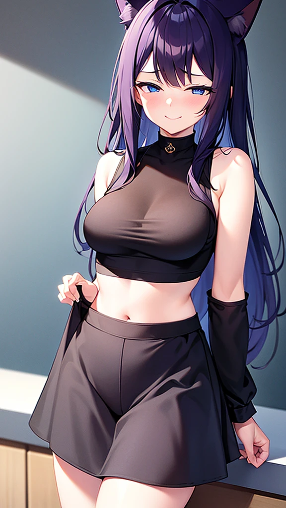 (Masterpiece), (best quality), 18 year old cat girl, long dark purple hair, blue eyes, solid round eyes, smile softly, shadow, 8K, Awesome details, precise, best quality, UHD, textured skin, Black cropped shirt, Shoulder-showing shirt, Cropped waist shirt, sleeveless shirt, Krapro