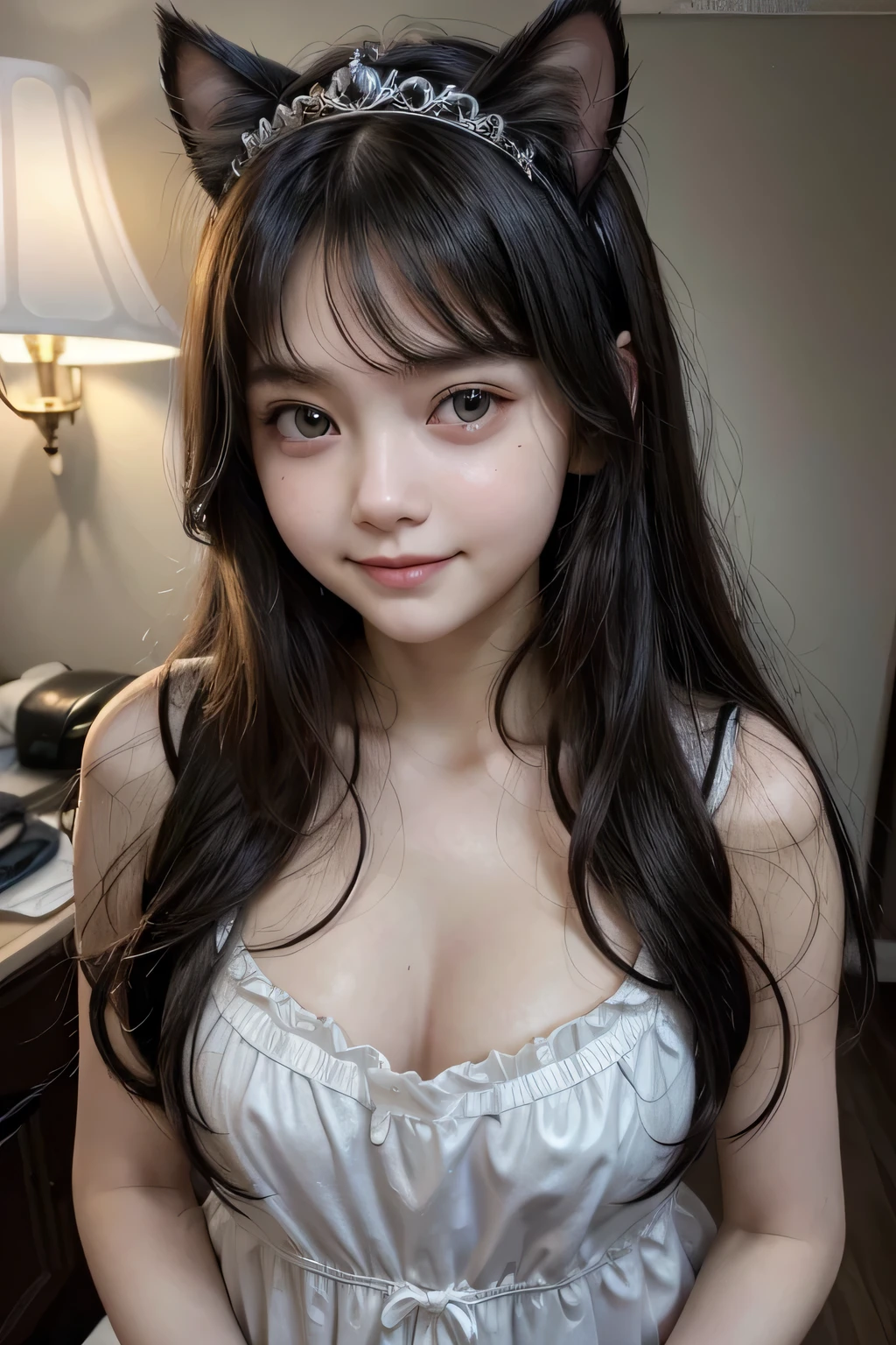 best qualityer, , black hair, long hair, , small, Linda, Grinning, whole body, nova, smallbreast, Messy hair, photoshot, real light, realisitic, fine-detailed, good lighting environment, lampshade, ful dressed, cat ears tiara, baby face