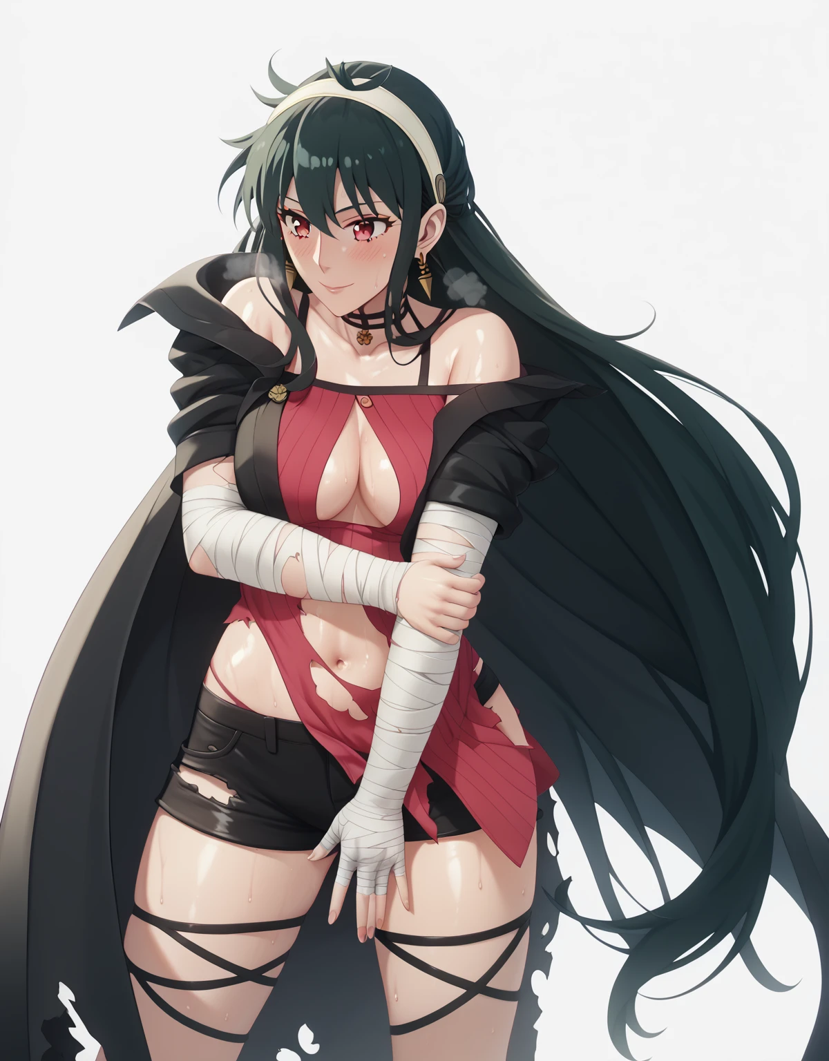 score_9, score_8_up, score_7_up, score_6_up, uncensored, Yor Briar, black hair, earrings, white hairband, hairband, long hair, sidelocks, red eyes, naughty face, shiny skin, sweating, steaming body, heavy breathing, BREAK (masterpiece:1.2), best quality, high resolution, unity 8k wallpaper, (illustration:0.8), (detailed eyes:1.3), extremely detailed face, perfect lighting, extremely detailed CG, (perfect hands, perfect anatomy), 1girl, bandages, solo, bandaged_arm, choker, breasts, black_choker, collarbone, torn_clothes, navel, torn_shorts, looking_at_viewer,