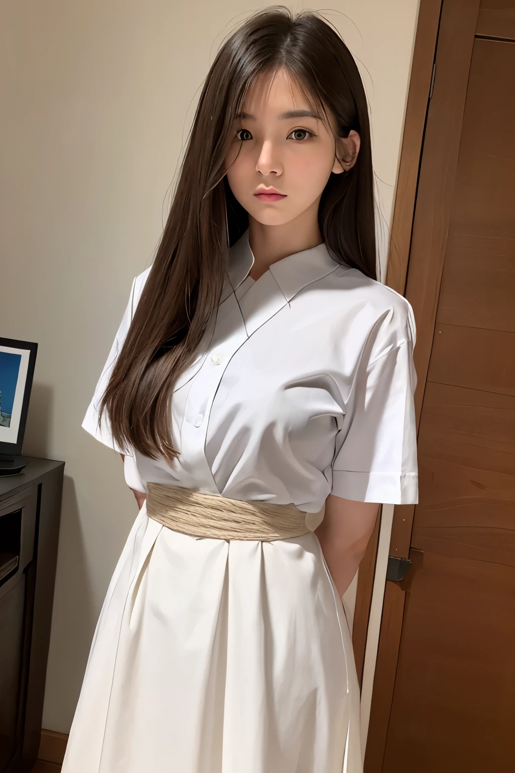 Tied up woman、(((Fold your hands behind your back、Cross your wrists)))、(Bind your wrists with a thin rope)、Beauty、Well-formed face、Shiny long black hair、Even out the eyes、Inside a luxurious room、Please show me your whole body、White short sleeve shirt、Navy Semi-Long Skirt、Panty lines、Wear pumps、Are standing、Age 25、Medium build、Like a real photo、Highest quality, Light brown hair, Straight hair, Shiny Hair, Part your lips, Anxious face, Surrealism, Hyperrealism, Verism, Cinema Lighting, tachi-e, First Person View, Nikon, 超High resolution, Anatomically correct hand, Highest quality, High resolution, 8K,