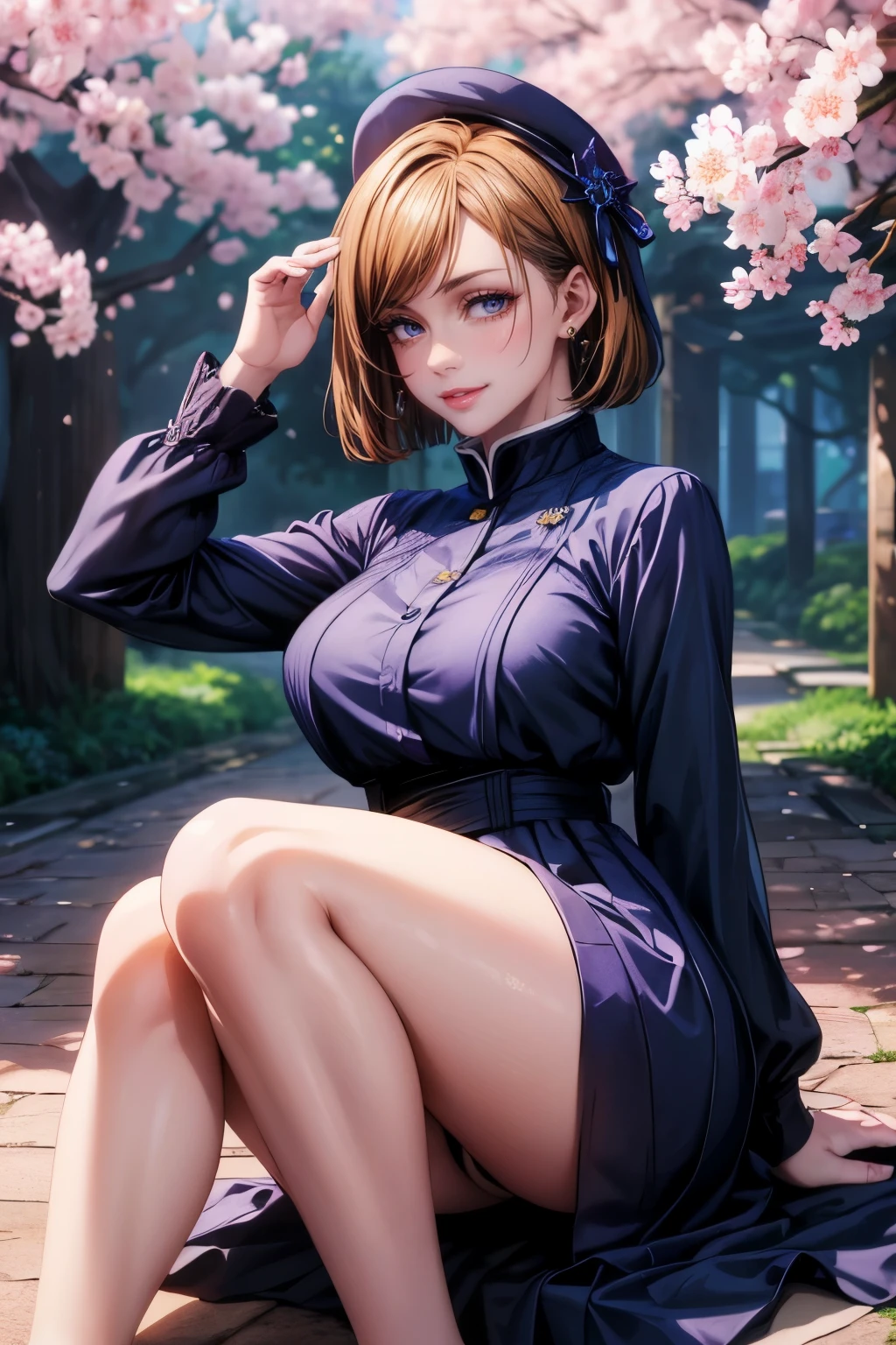(best quality,4k,8k,highres,masterpiece:1.2),ultr
a-detailed,realistic,photorealistic:1.37,detailed
eyes,beautiful detailed lips, pale, nobara kugisaki from jujutsu kaisen wearing dark blue dress, perfect figure, attractive rounded breasts, smiling, puffy lips, posing in sunshine, outdoor ,dark blue dress, cherry blossom trees, green trees, sakura falling, in the park, short 2 block light brown haired girl