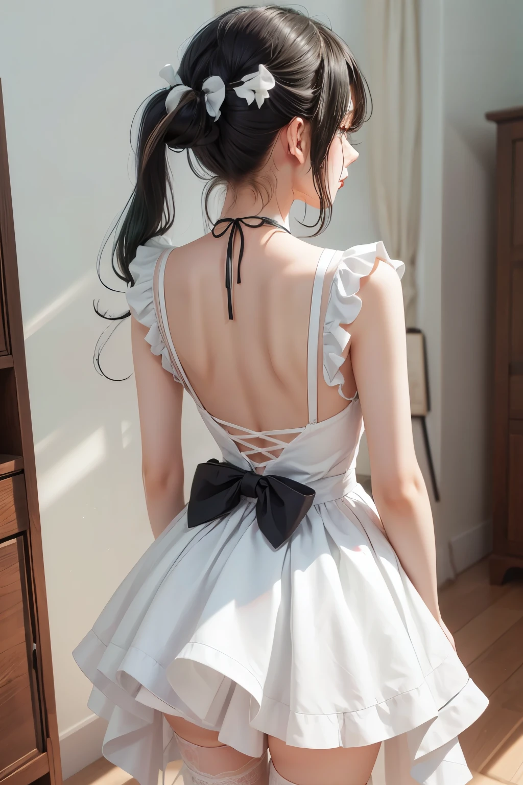 Innocence, Dark green hair, Twin tails, Put your arms behind your back, White Dress, Black waist tie, girl,blue eyes,