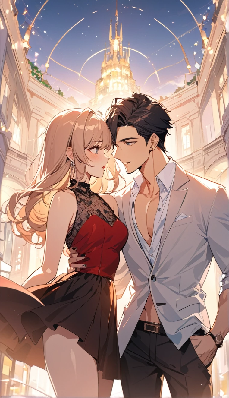 Vector, 8k, high resolution, high quality, romantic couple, lovers , just like in manhwa , 1 beautiful woman and two handsome guys, modern, romance, love triangle, fashionable, rich