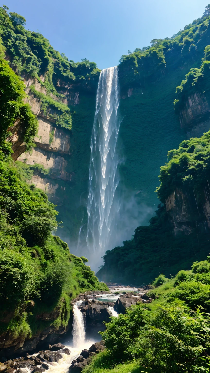 Superb views of the world、Surrounded by greenery、A large waterfall flows down between them、Epic Scale、You can see the mountains in the distance。