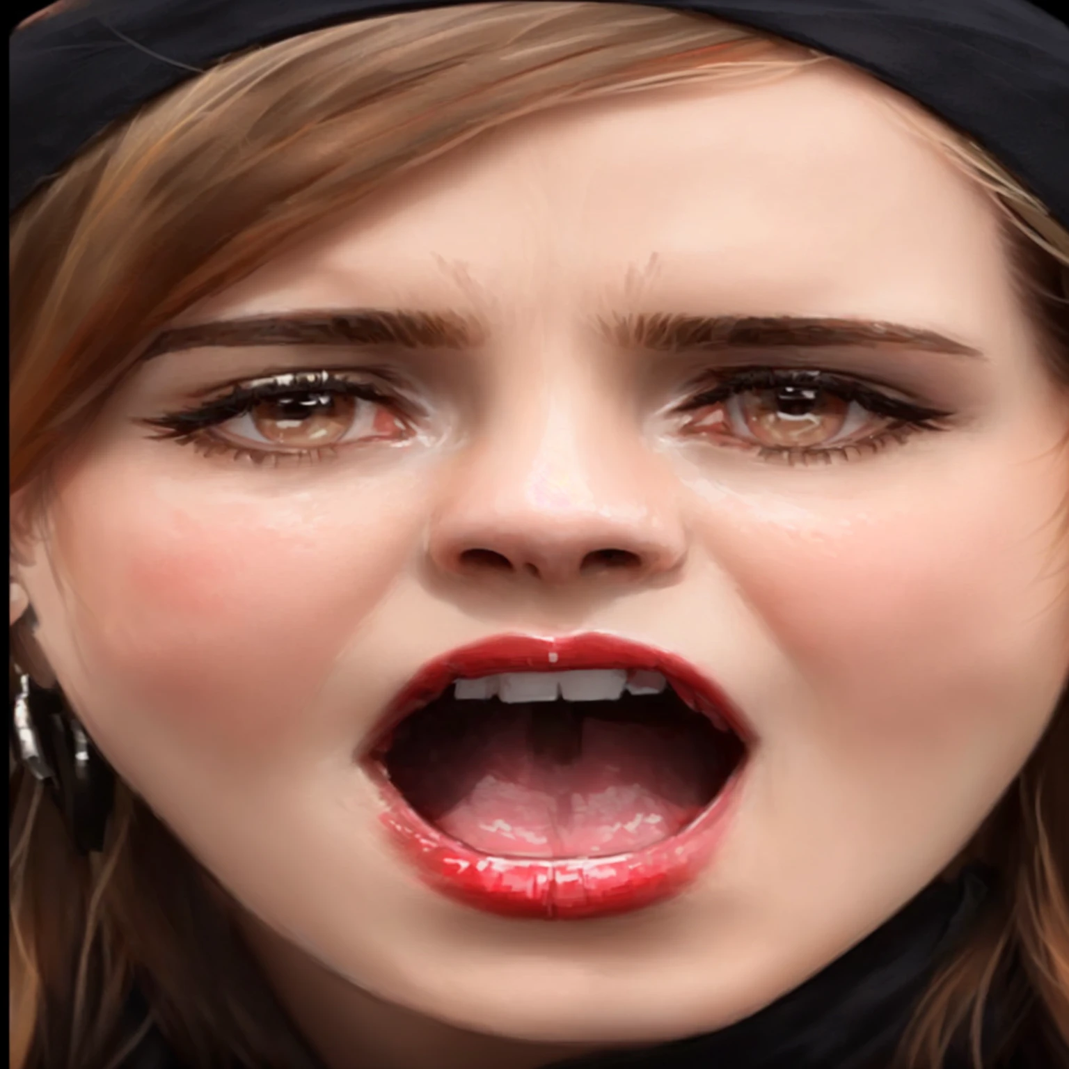 Close-up of a woman with red lips and black hat, face of Emma Watson, with the face of Emma Watson, Emma Watson with anxious, Emma!! Watson!!, Emma Watson, portrait photo of Emma Watson, photo of Emma Watson, Emma Watson is harley quinn, Grimacing, Emma Watson vietnam door gunner, ancient queen Emma Watson, Open your mouth