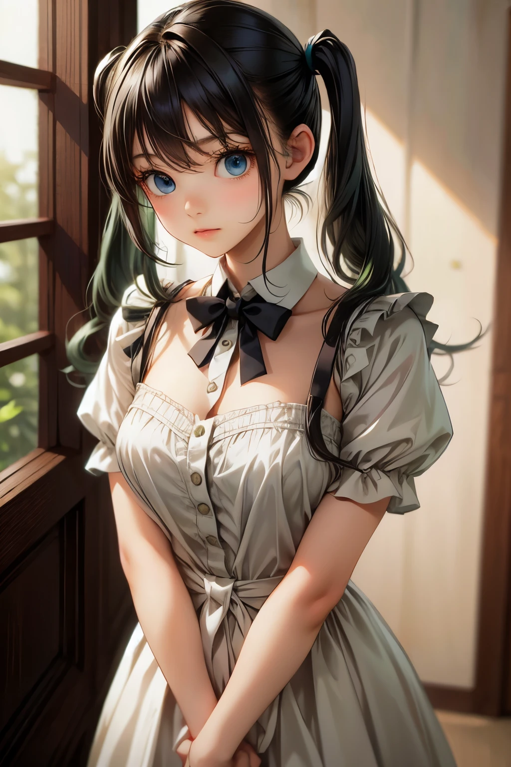 Innocence, Dark green hair, Twin tails, Put your arms behind your back, White Dress, Black waist tie, girl,blue eyes,