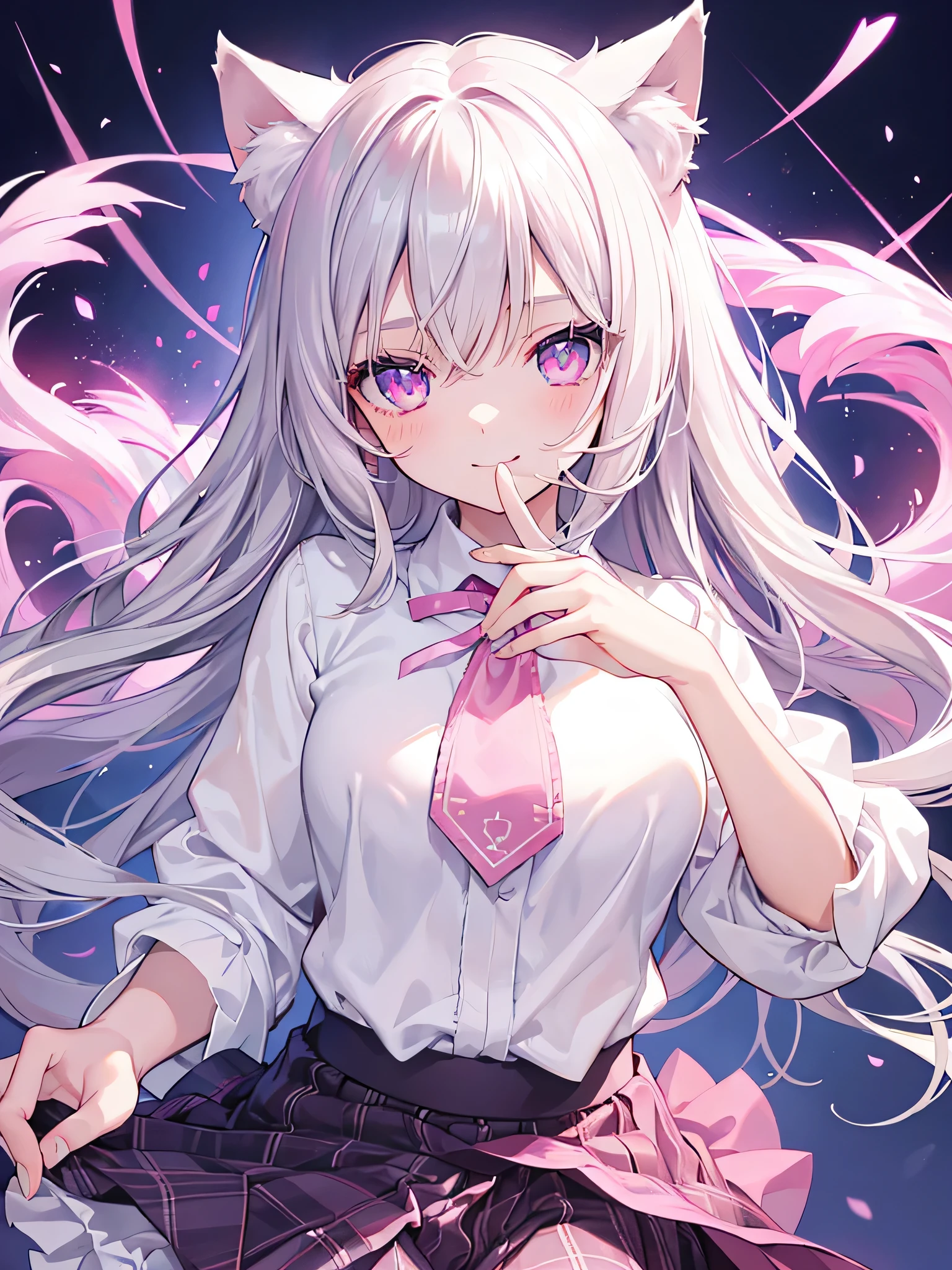 Highly detailed face,fine grain,Sparkling eyes,Highlighted eyes,Medium chest,pretty girl, smile,Longing eyes,Cat ear, Beautiful silver hair,Pink inside,Beautiful pink eyes, finger to mouth,Oversized shirt,skirt