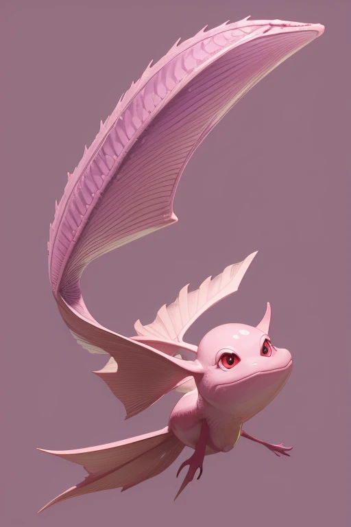 a large pink flying axolotl dragon looking directly at the viewer pale purple background