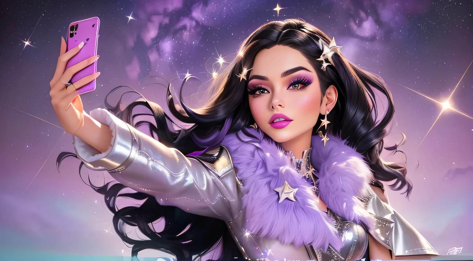 A captivating cinematic poster of Barbie portraying a pop star, glamorously dressed and taking selfies under the starry night sky. She sports lilac lipstick and purple eye shadow, with brown eyes that shine brightly. Her long, black hair flows effortlessly, adorned with hairpins or ornaments. Wearing a shimmering silver jacket with a purple fur collar, she exudes confidence and stardom. The background is a breathtaking night sky, filled with countless stars, accentuating the magical atmosphere of the scene.