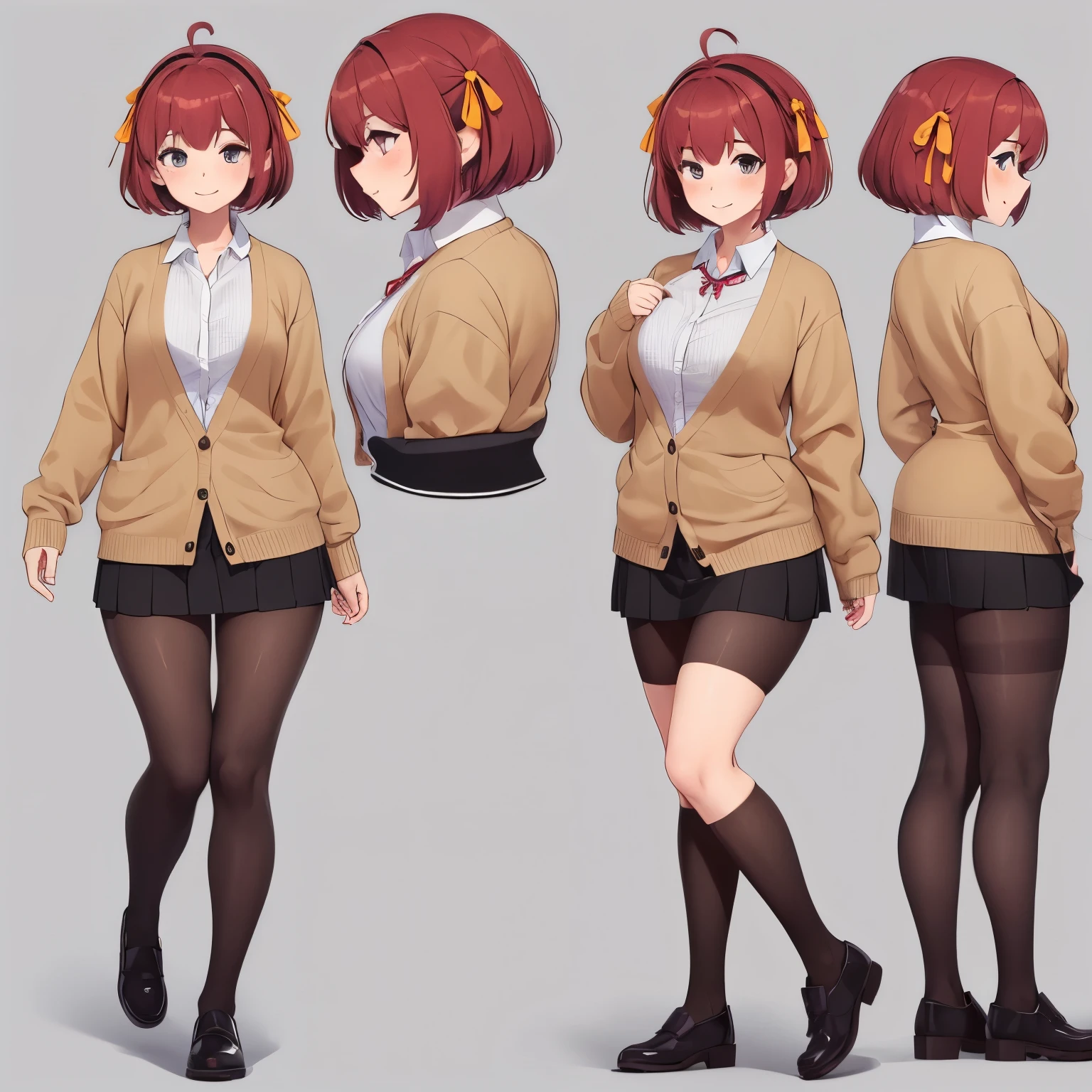 (((1girl)))masterpiece, Highest quality, High resolution, amber, short hair, pantyhose, Hair Ribbon, shirt, cardigan, High Waist Skirt, Are standing,full body,toe,shoses,smilng
