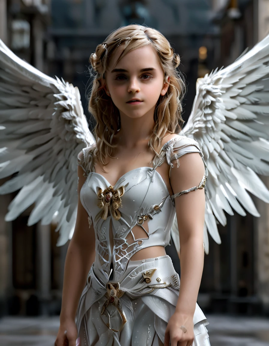 city,(white angel wings:1.2), hands on hip, Emma Watson, sultry look