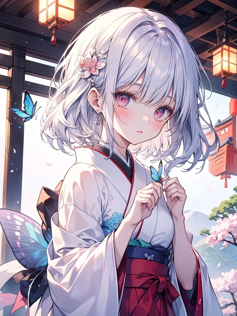 Create a shiny and captivating close-up artwork of a girl named Shimizu wearing a pure white gauze skirt. Incorporate a blue butterfly in the scene, highlighting the girl's natural beauty, with a focus on her upper body for the close-up shot, Shimizu's peaceful expression as the butterfly flutters around her face, the background showcasing an ancient Japanese garden with stone lanterns and cherry blossoms, the mood is tranquil and timeless, Artwork, traditional Japanese ink painting with delicate lines and soft washes of color, --ar 9:16 --niji