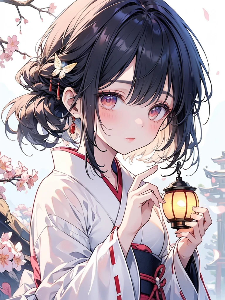 Create a shiny and captivating close-up artwork of a girl named Shimizu wearing a pure white gauze skirt. Incorporate a blue butterfly in the scene, highlighting the girl's natural beauty, with a focus on her upper body for the close-up shot, Shimizu's peaceful expression as the butterfly flutters around her face, the background showcasing an ancient Japanese garden with stone lanterns and cherry blossoms, the mood is tranquil and timeless, Artwork, traditional Japanese ink painting with delicate lines and soft washes of color, --ar 9:16 --niji