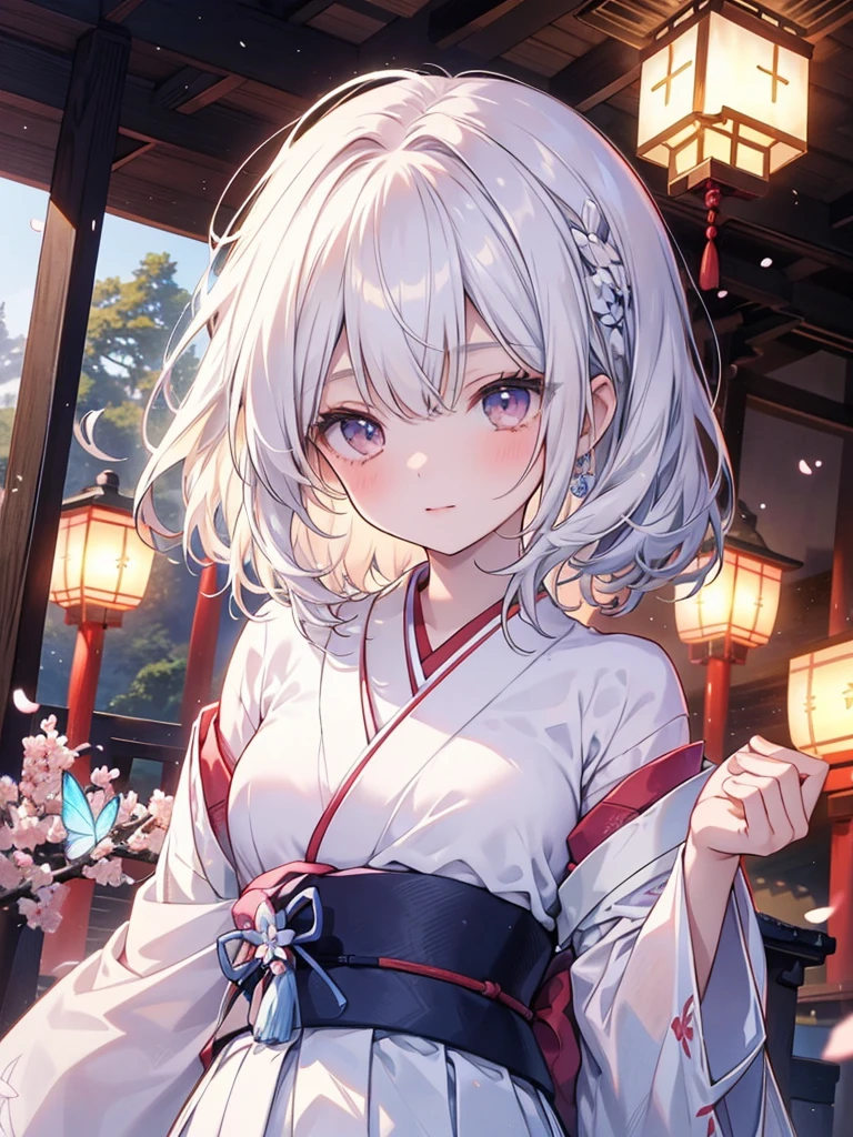 Create a shiny and captivating close-up artwork of a girl named Shimizu wearing a pure white gauze skirt. Incorporate a blue butterfly in the scene, highlighting the girl's natural beauty, with a focus on her upper body for the close-up shot, Shimizu's peaceful expression as the butterfly flutters around her face, the background showcasing an ancient Japanese garden with stone lanterns and cherry blossoms, the mood is tranquil and timeless, Artwork, traditional Japanese ink painting with delicate lines and soft washes of color, --ar 9:16 --niji